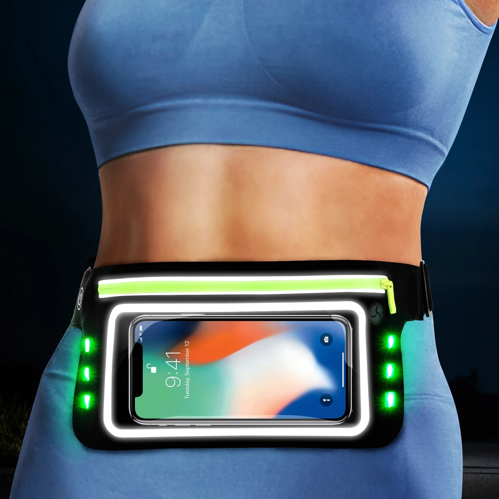 

MoKo LED Running Waist Belt, Sports Lighted Waist Pack Reflective Runner Pouch, Fitness Workout Fanny Pack with iPhone 13/12/11