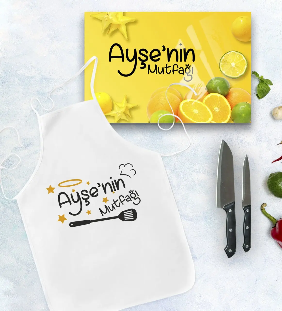 

Персонализированный двойной кухонный фартук и стол для резки стекла, подарочный набор, модель 8