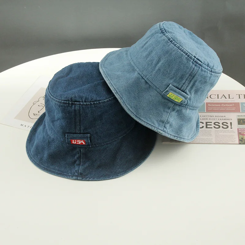 

2022Female summer tide restoring ancient ways Japanese washed denim fisherman hat the letters eaves shading basin hat embroidery