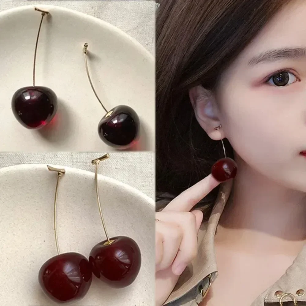 New 2024 Cute Temperament Cherry Drop Earrings Women Korean Classic Style Fashion Year Jewelry Christmas Gifts