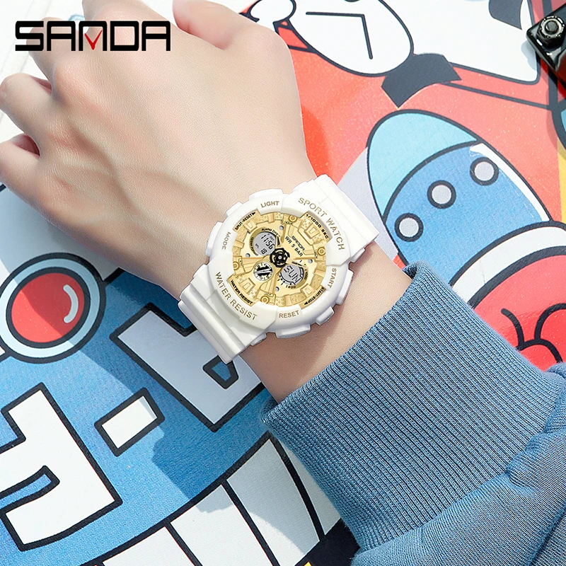 SANDA Luxury Brand Multifunctional Dual Display Women Watch Luminous LED Alarm Timer 50M Waterproof Outdoor Sports Watches 6068