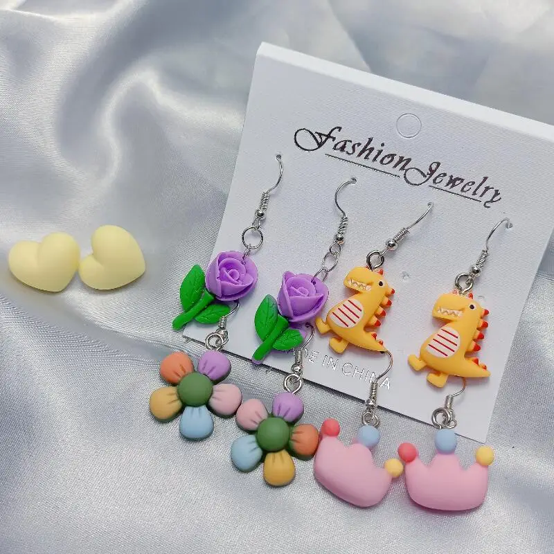 

New Animal Dinosaur Flower Drop Earrings Set Fashion Acrylic Jewelry Korean Lovely Hanging Dangle Crown Earrings For Women Gifts