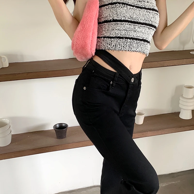 Jeans Women's Black Spring Summer Pants Casual Open Waist High Waist Straight Tube Micro Flare Floor Dragging Pants Fashion