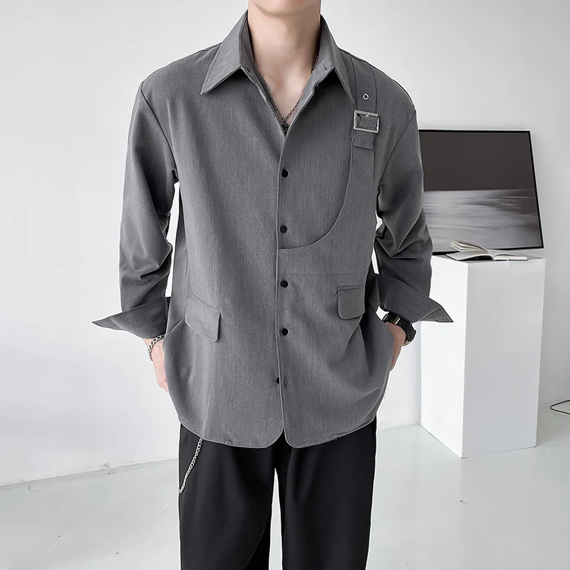 

Men's Splice Design Loose Casual Long Sleeve Shirt Nightclub Bar Stylist Stage Show Clothes Male Streetwear Vintage Dress Shirts