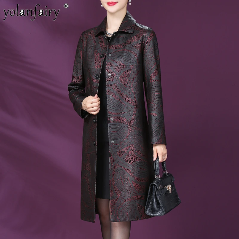 

Genuine Leather Jacket Women Clothes Sheepskin Coat Loose Mid-Length Trench Coats Ladies Print Jacket 5XL Jaqueta Feminina Lq731