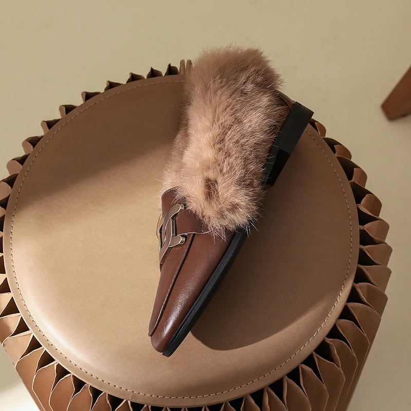 MythLuo Mules Shoes For Women Flat Loafers shoes Genuine Leather With Rabit Fur Round Toe With CHAIN Low Heels  Loafer Shoes