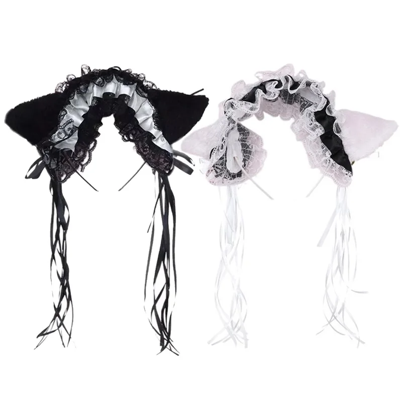 

Gothic Lolita Maid Women Girl's Ruffles Lace Headband Plush Cat Ears Ribbon Bell Lolita Cosplay Hair Hoop