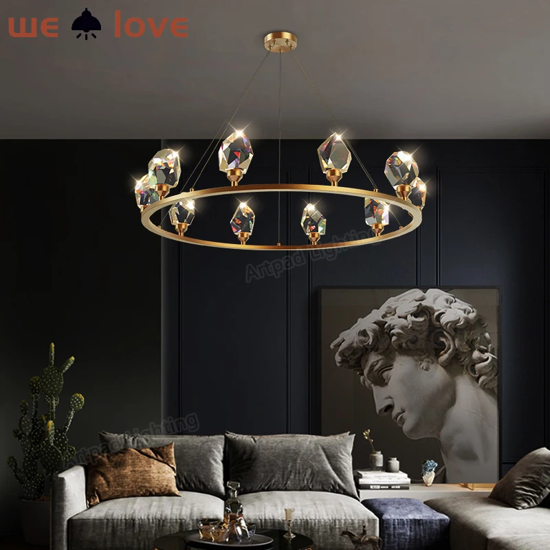 

Kitchen Lighting Long/Round Chandeliers Gold/Black Living Room Crystal Pendant Light Decor Brass Body Led Ring Hanging Lights