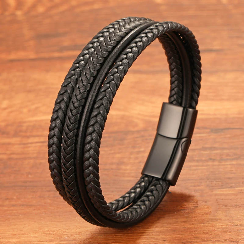

New Vintage Multi Layer Braided Rope Brown Black Leather Bracelet For Stainless Steel Men Bangles Charm Jewelry Birthday Gift