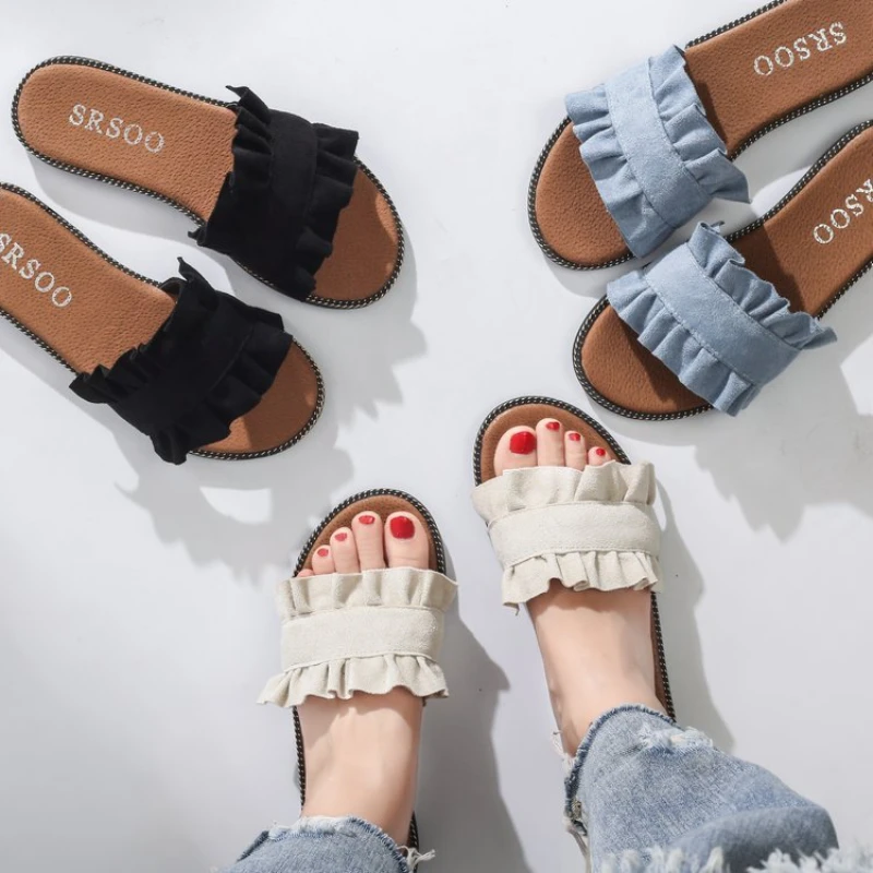 

Spring and Summer Women's Slippers Fashion Fungus Lace Word Slippers Small Fresh Temperament Ladies Flat Sandals