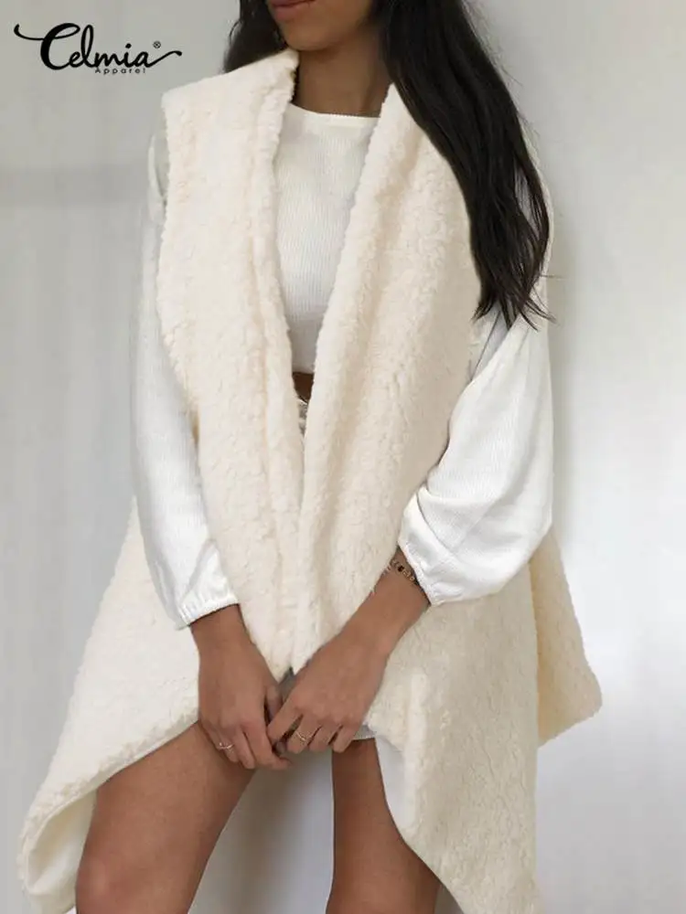 

Celmia 2023 Casual Solid Outerwear Women's Asymmetrical Plush Faux Fur Coats Winter Warm Sleeveless Vests Female Fluffy Jackets