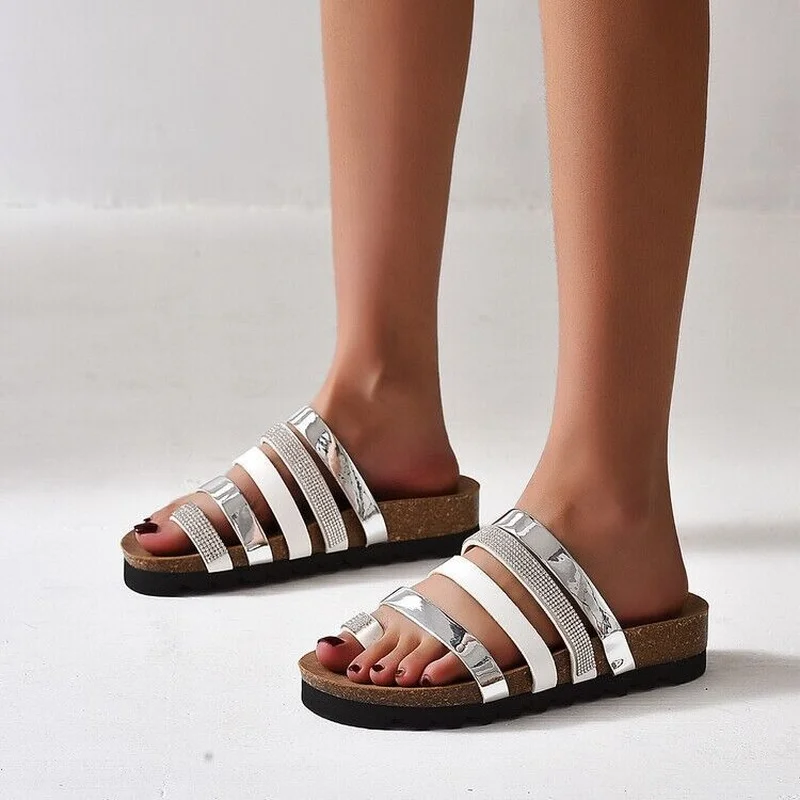 INS New Slippers Women's Fashion Rhinestone Large Size 43 Open Toe Sandals Women's Shoes Soled Beach Shoes Word Sandals