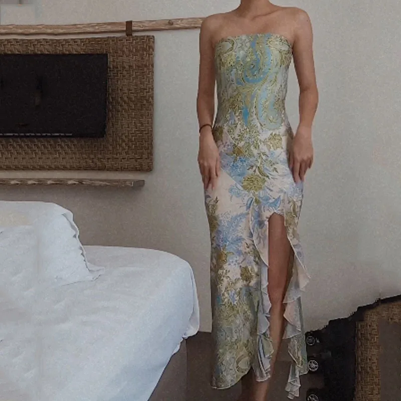 

2023 Summer European and American New French Fashion Temperament Sexy Printed Split Bra Dress for Women