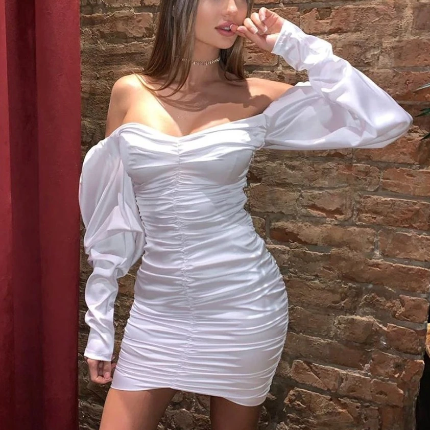 

Long Puff Sleeve Slash Neck Satin Pleated Sexy Mini Dress Autumn Winter Women Solid Party Elegant Streetwear Outfi