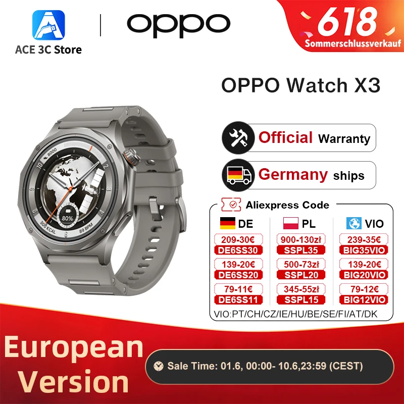 EU version OPPO watch X3 smartwatch Wear OS by Google Sleep 16-Day Battery Life SpO2 Blood Oxygen Monitoring IP69 Google Wallet