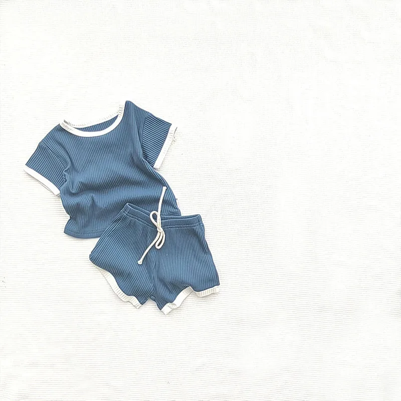 

2023 Korean Summer Children Boys 2PCS Clothes Set Cotton Solid Unisex Stretch Drawstring Shorts Suit Short Sleeve Infant Outfits
