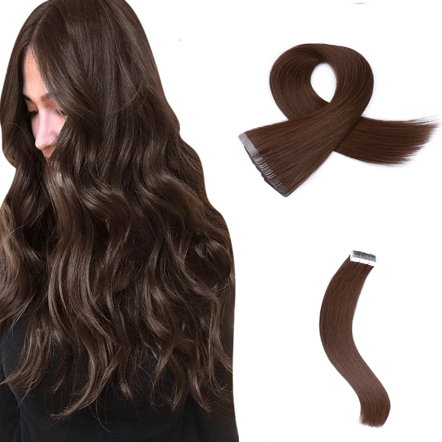 Brown Natural Tape In Human Hair Extensions Skin Weft Hair Extensions Adhesive Invisible Real Silky Straight For Black Women