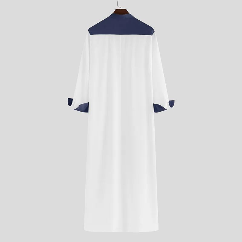 Plus Size Middle East Jumpsuit Long Shirt Muslim Robe Simple Stand Collar Patchwork Long-sleeved Men's Islamic National Costume