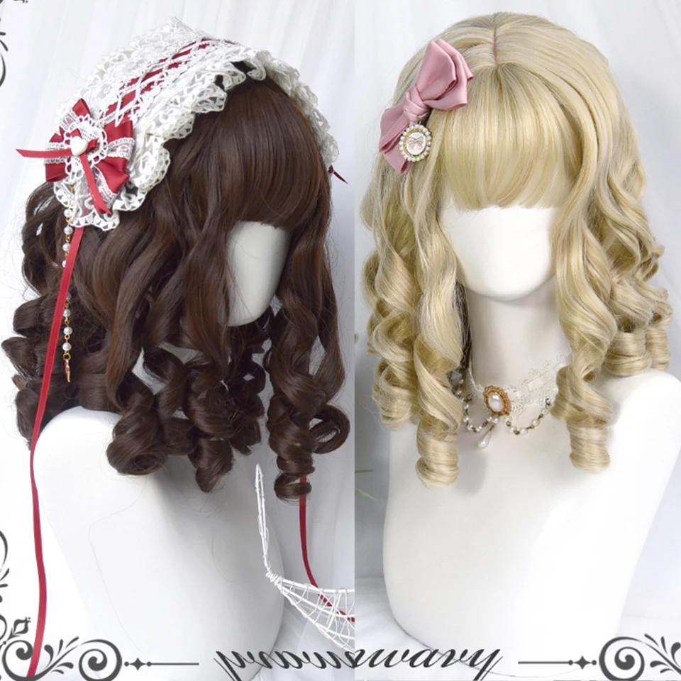 Synthetic short hair retro wavy hair girl bangs wig golden brown Lolita Cosplay wig party wig