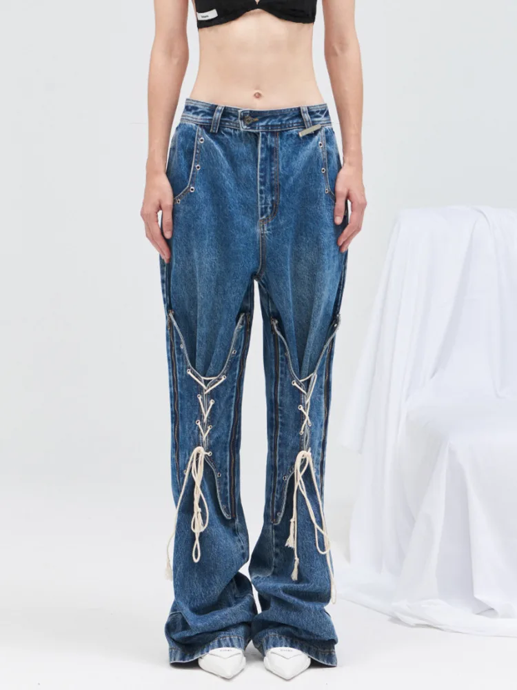 

DEAT Personalized Women's Jeans New High Waist Spliced Zipper Bandage Denim Micro Flare Pants Female Fashion Autumn 2023 7Z250
