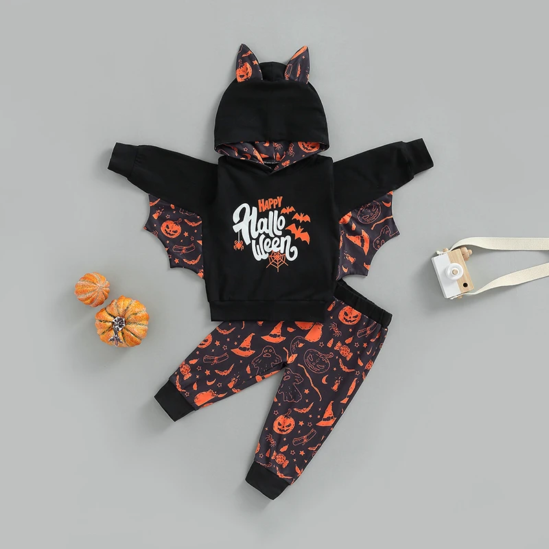 

Kids Girls Boys Sportswear Set Halloween Letter Print Long Sleeve Hoodie Tops and Pumpkin Print Casual Pants Outfits