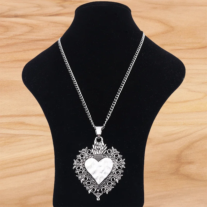 

1 Piece Tibetan Silver Large Boho Filigree Heart Jewelry Pendant Necklace on Long Link Chain Lagenlook 34"