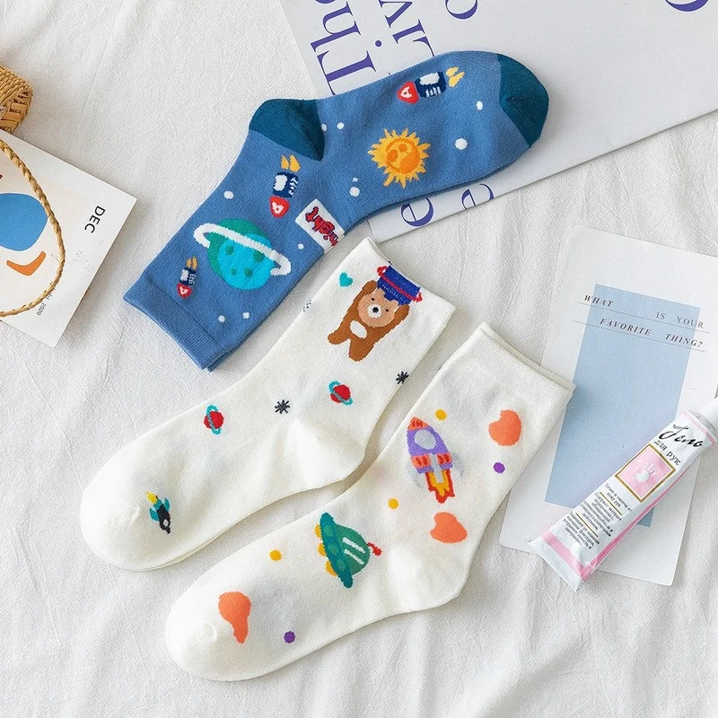 

Носки женские с рисунком планеты, хлопковые яркие стандартные ракетки, модные дамские, высокого качества, весна-осень