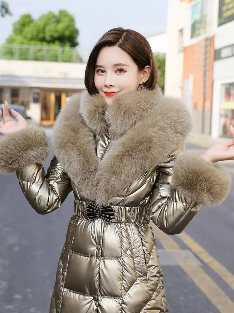 New Women Real Fur Down Coat Winter Fashion Hooded Double Fox Fur Collar Thicken Warm Long Wash Free Glossy Surface Down Jacket