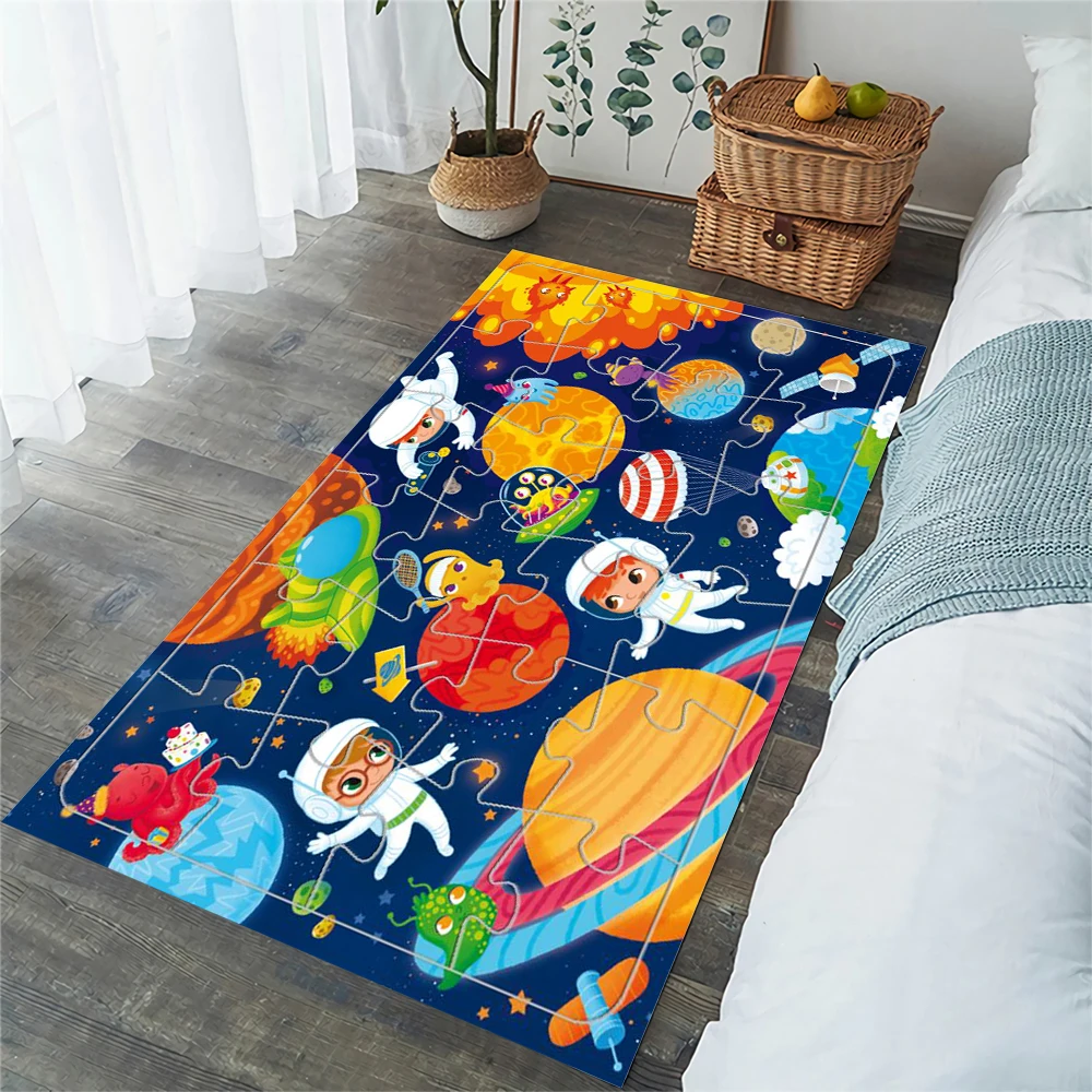 

CLOOCL Puzzle Pattern Children's Carpets for Living Room Bedroom Cartoon Planet Rocket Area Rug Flannel Crawling Mat Kitchen Rug