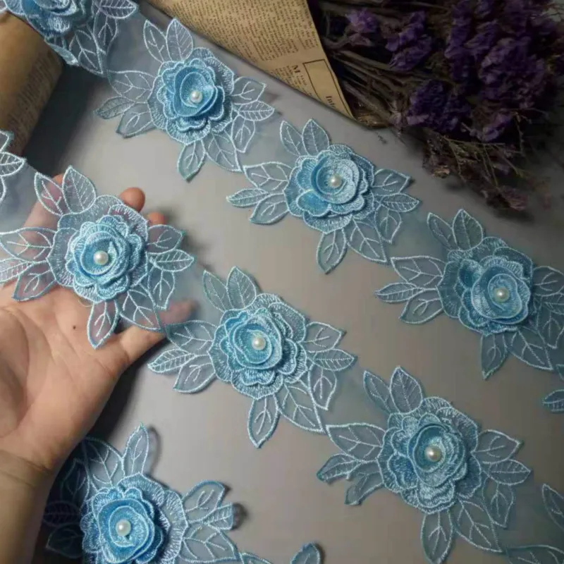 

2 ярда синий Винтаж полиэстер жемчуг с цветочной вышивкой кружевной обрезанная Лента ткань ручной работы сделай сам одежда свадебное платье шитье ремесло