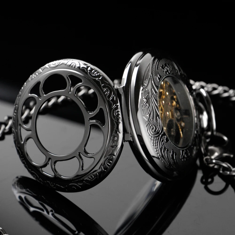 New Black Sculpture Pocket Watch Mechanical Men's Handwind Steam Punk Necklace Fob Watch Chain Roman Digital Clock Women's Men