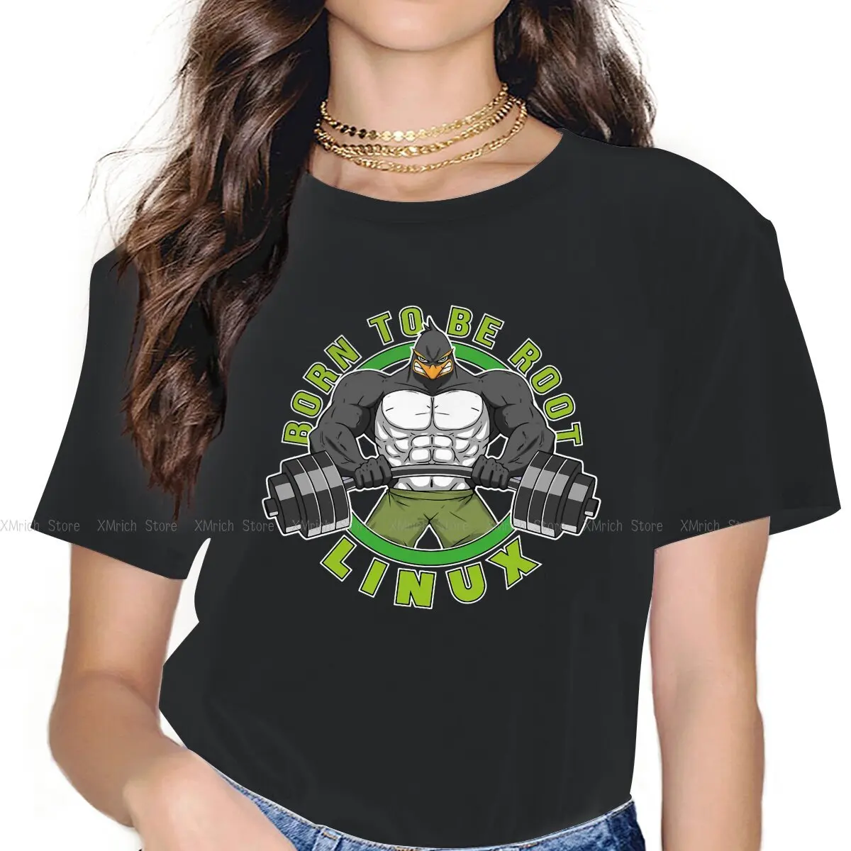 

Novelty Gym Illustration T-Shirt for Women Round Collar 100% Cotton T Shirts Linux Operating System Tux Penguin Short Sleeve