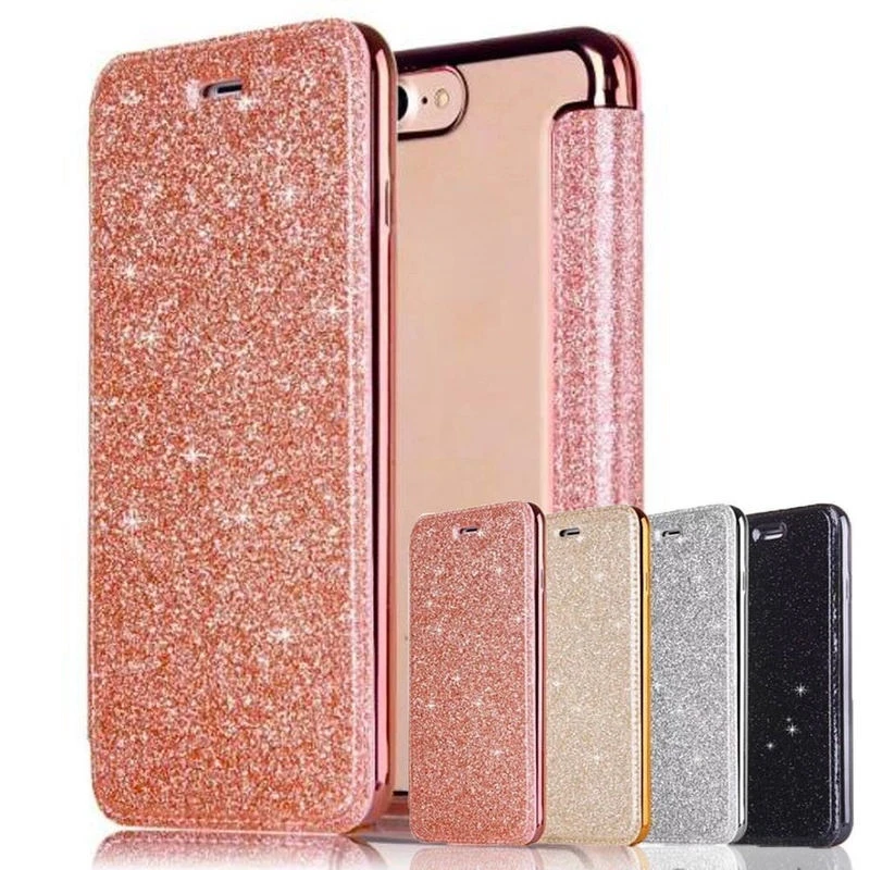 

Glitter Leather Flip Wallet Case For iPhone 13 12 11 Pro XS Max XR X 7 8 Plus 6s Plus SE2020 Clear Bling Back TPU Case