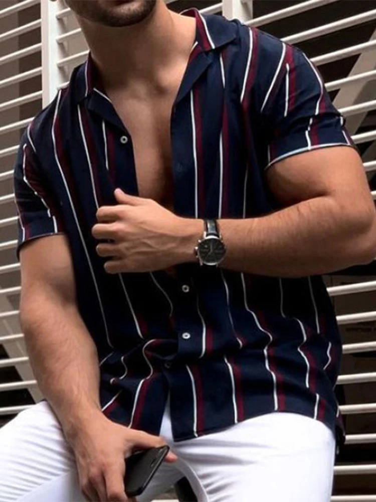 

Men Retro Striped Printing Casual Slim Fit Tee Tops Casual Short Sleeve Lapel Streetwear Male New 2022 Turn Down T-shirts Shirts