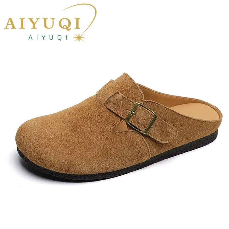 AIYUQI Slippers Women Real Leather 2023 New Large Size 41 42 43 Women Summer Shoes Retro Outerwear Flat Lazy Half Slippers Women