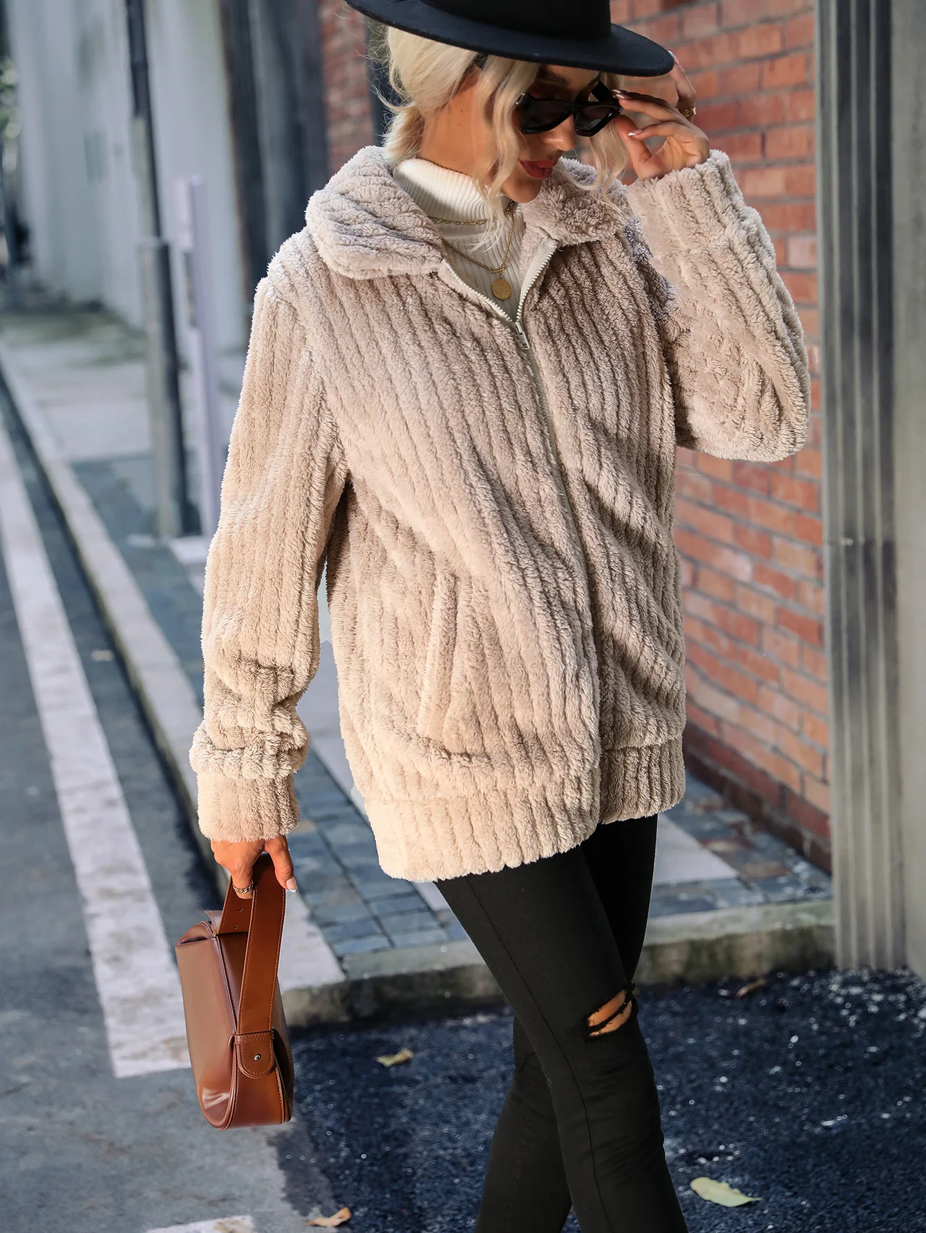 Fashionable new style women's lapel pit strip zipper long sleeve solid color medium long reversible plush coat