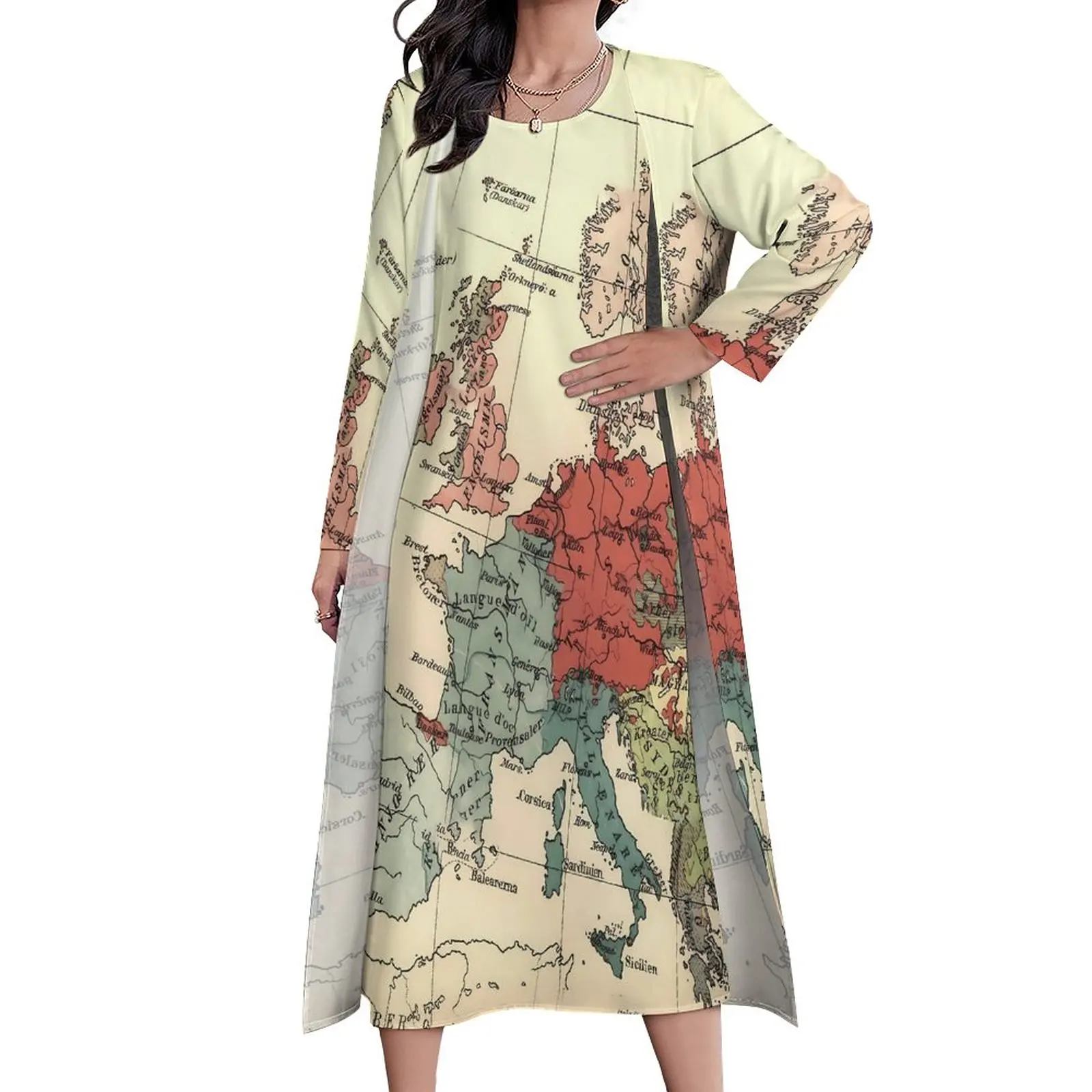 

Платье макси с картой Европы, винтажное платье в стиле бохо, длинные пляжные платья, летняя Дизайнерская одежда из двух частей, 5XL