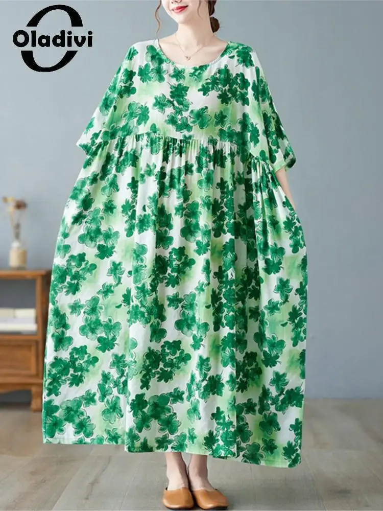 

Oladivi Large Size Women Fashion Printed Bohemian Dress 2022 Summer New Casual Loose Long Dresses Oversized Clothing Green 8500