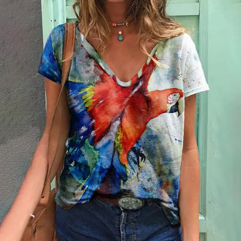 

2023 New Summer Y2K Women's T-shirt 3D Plant Printed V-neck Short Sleeve Fashion Forest Harajuku Women's Top