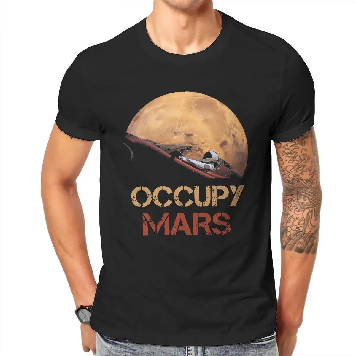 Mars Space Explorer Occupy Mars Men T Shirts SpaceX Starman Casual Tee Shirt Short Sleeve T-Shirt Pure Cotton Printing Clothing