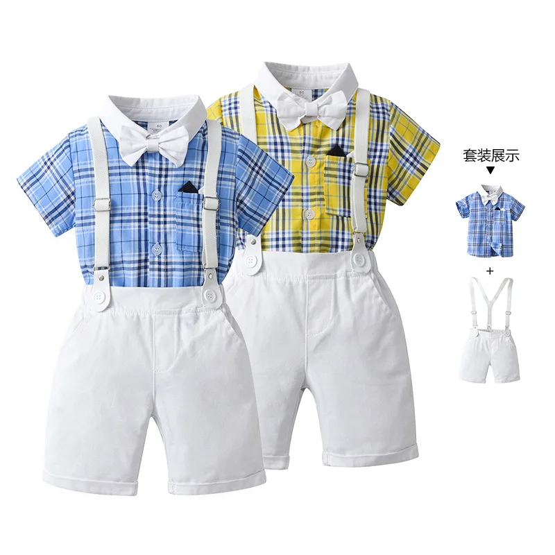 

Cross-border children clothing British gentleman plaid three-piece set Boy Summer clothing baby short-sleeved children suit