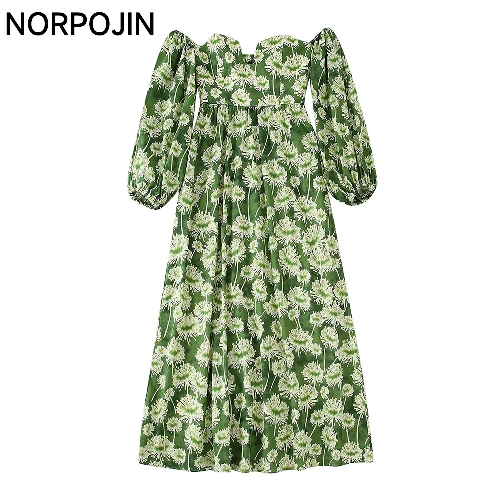 

Women Elegant Vintage Green Floral Printed Maxi Dress Chic Lady Boho Court Style Long Strapless Off-Shoulder Dress
