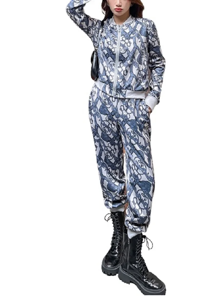 

PERHAPS U Women Causal Two Piece Set Print Stand Collar Zipper Loose Jacket Coat Drawstring High Waist Pencil Full Pants T3091