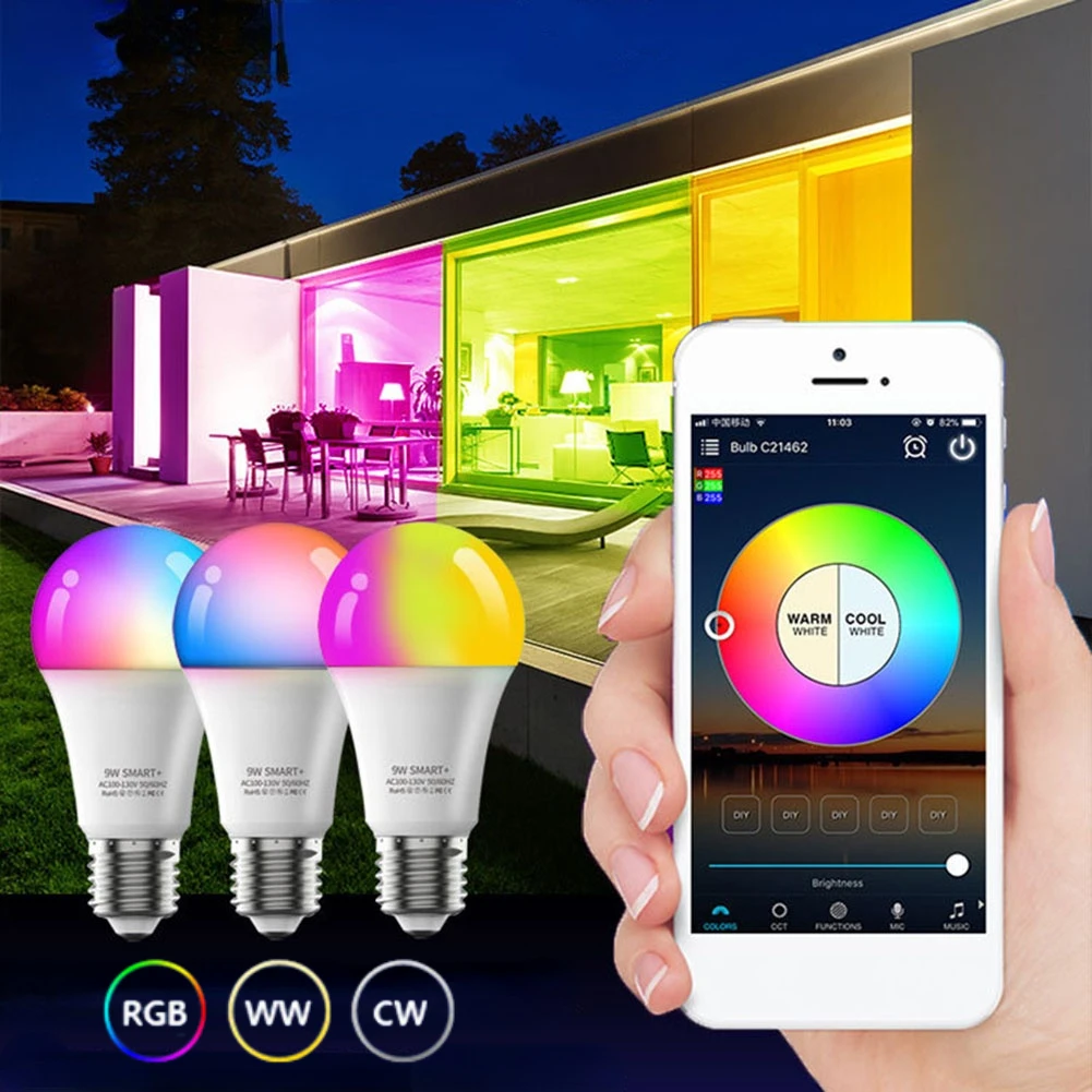 

5Pcs 9W WiFi Smart Light Bulb Color Changing E27 LED Lamp APP Control RGB CW Dimmable Timer Function Color Voice Lamp for Home