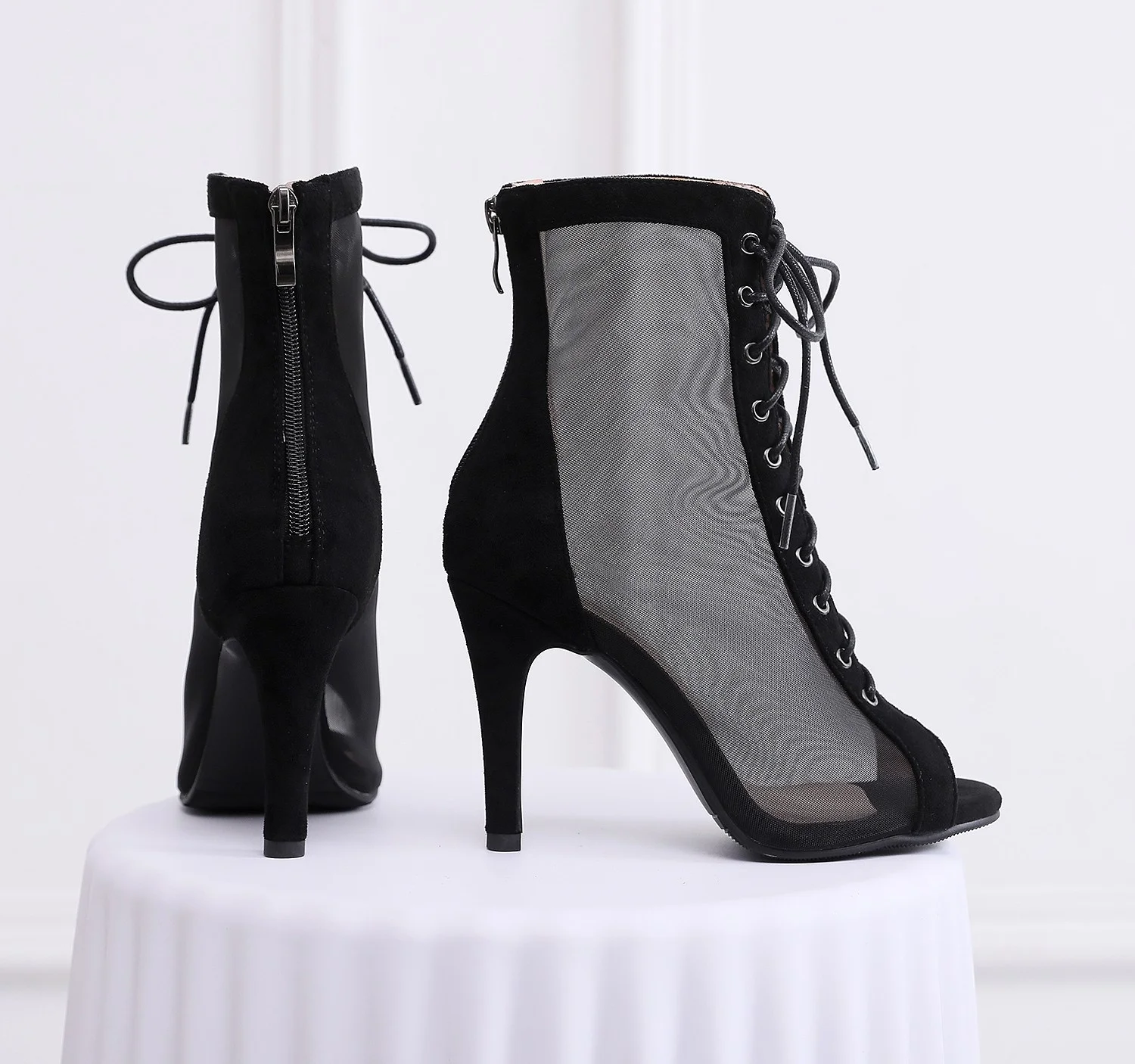 Sgesvier Women Ankle Boots 2023 New Brand Black Flock Deep Satin Latin Lace-up Dancing High Heels Party Salsa Dance Shoes