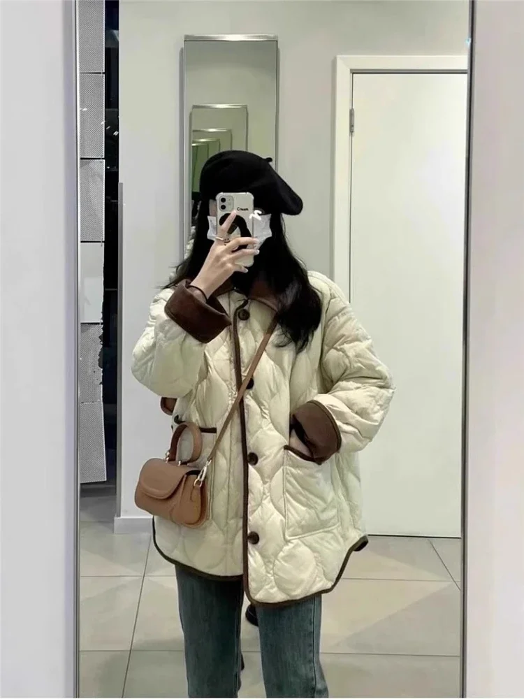 2024 зимняя модная новая женская теплая хлопковая одежда с откидным воротником и