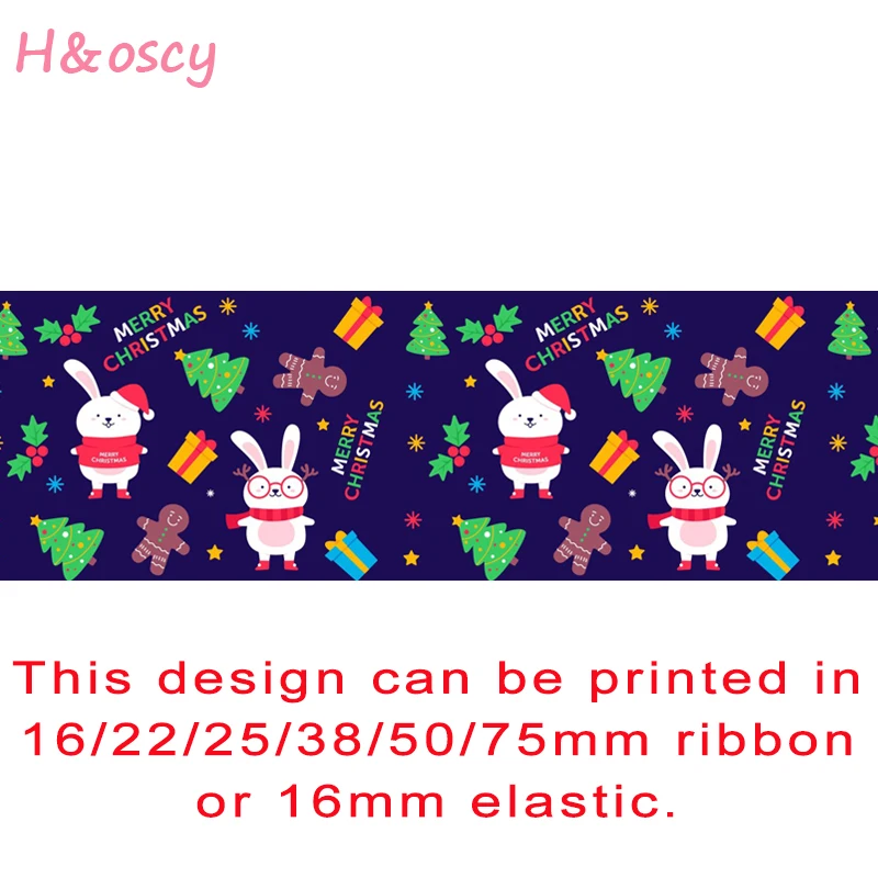 

50Yards Christmas Cartoon Printed Grosgrain Ribbon Rabbit Webbing for DIY Hairbows Holiday Gift Box Wrapping