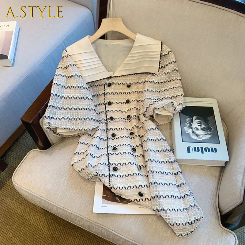 

A GIRLS Puff Sleeve Turn-down Double Breasted Dresses for Women Wave Pattern Korean Style Short Sleeve Dresses Summer Casual