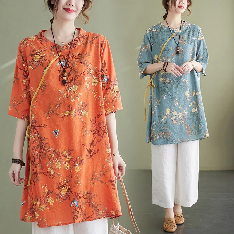 

Large Size Women 2022 Spring Summer New Chinese Style Lace-up Short Sleeve Shirt Cotton and Linen Printed Tea Shirt Ladies