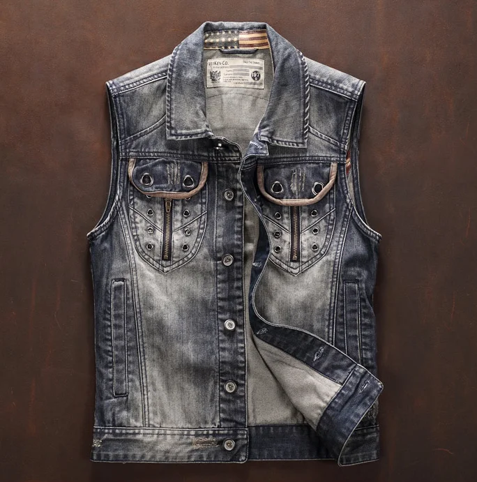 Мужской Байкерский джинсовый жилет синяя винтажная облегающая куртка в